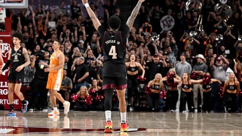 Feb 21, 2023; College Station, Texas, USA; Texas A&M Aggies guard Wade Taylor IV (4) reacts to their win over Tennessee Volunteers at Reed Arena. Mandatory Credit: Maria Lysaker-USA TODAY Sports