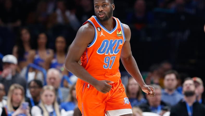 Feb 15, 2023; Oklahoma City, Oklahoma, USA; Oklahoma City Thunder forward Eugene Omoruyi (97) runs down the court against the Houston Rockets during the second half at Paycom Center. Oklahoma City won 133-96. Mandatory Credit: Alonzo Adams-USA TODAY Sports