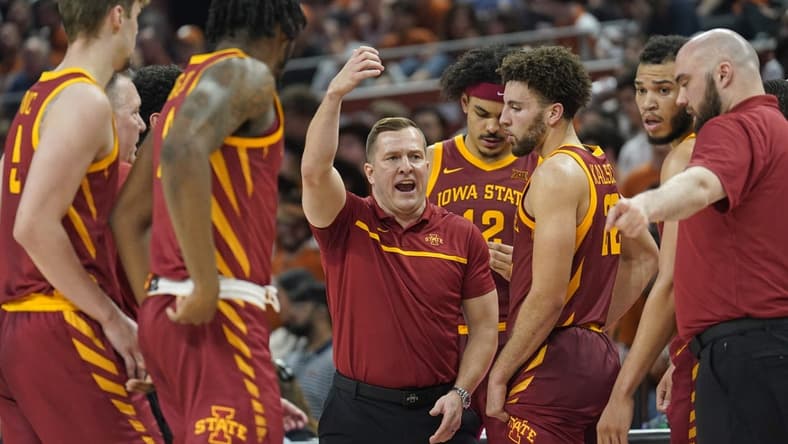 Feb 21, 2023; Austin, Texas, USA; Iowa State Cyclones head coach T. J. Otzelberger talks with players during a timeout in the second half against the Texas Longhorns at Moody Center. Mandatory Credit: Scott Wachter-USA TODAY Sports