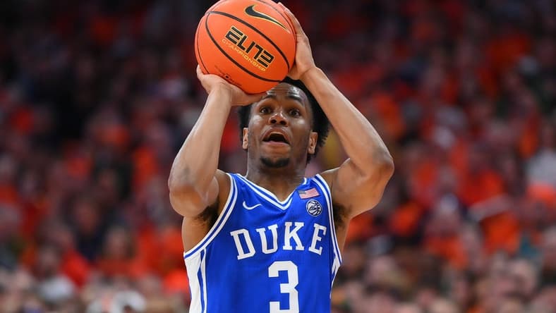 Feb 18, 2023; Syracuse, New York, USA; Duke Blue Devils guard Jeremy Roach (3) shoots the ball against the Syracuse Orange during the second half at the JMA Wireless Dome. Mandatory Credit: Rich Barnes-USA TODAY Sports