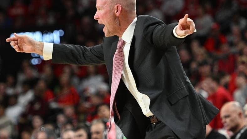 Feb 19, 2023; Lincoln, Nebraska, USA; Maryland Terrapins head coach Kevin Willard watches action against the Nebraska Cornhuskers in the first half at Pinnacle Bank Arena. Mandatory Credit: Steven Branscombe-USA TODAY Sports