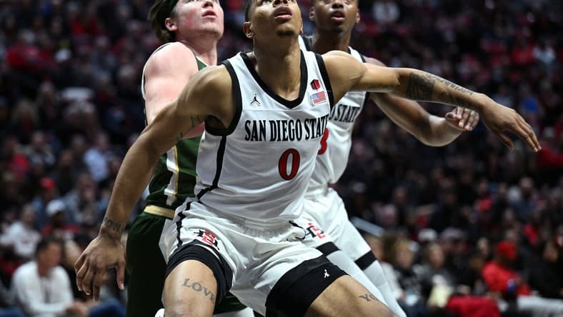 Feb 21, 2023; San Diego, California, USA; San Diego State Aztecs forward Keshad Johnson (0) boxes out Colorado State Rams guard Joe Palmer (20) during the second half at Viejas Arena. Mandatory Credit: Orlando Ramirez-USA TODAY Sports