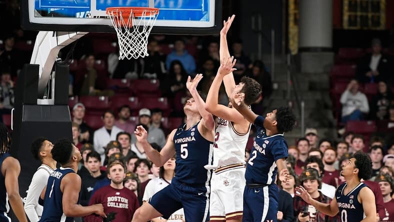 Feb 22, 2023; Chestnut Hill, Massachusetts, USA; Boston College Eagles forward Quinten Post (12) shoots against the Virginia Cavaliers during the first half at Conte Forum. Mandatory Credit: Eric Canha-USA TODAY Sports