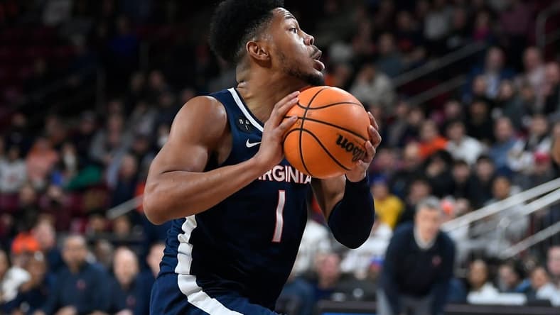 Feb 22, 2023; Chestnut Hill, Massachusetts, USA; Virginia Cavaliers forward Jayden Gardner (1) controls the ball against the Boston College Eagles during the first half at Conte Forum. Mandatory Credit: Eric Canha-USA TODAY Sports