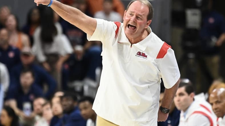 Feb 22, 2023; Auburn, Alabama, USA; Mississippi Rebels head coach Kermit Davis reacts to a play during the first half against the Auburn Tigers at Neville Arena. Mandatory Credit: Julie Bennett-USA TODAY Sports
