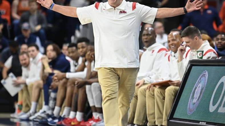 Feb 22, 2023; Auburn, Alabama, USA; Mississippi Rebels head coach Kermit Davis reacts to a play during the second half against the Auburn Tigers at Neville Arena. Mandatory Credit: Julie Bennett-USA TODAY Sports