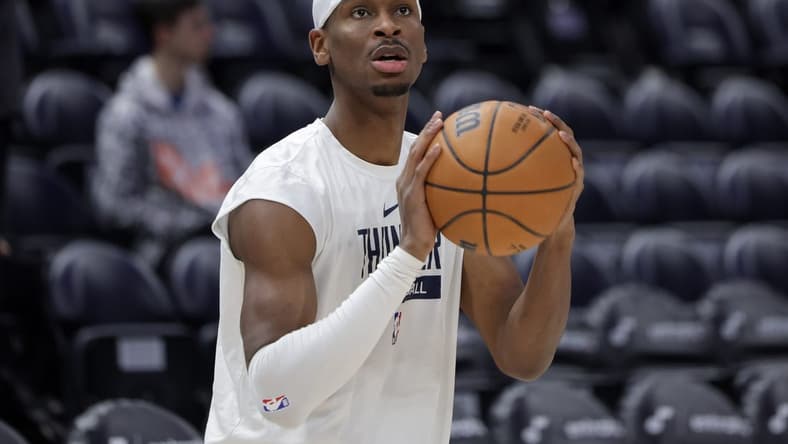 Feb 23, 2023; Salt Lake City, Utah, USA; Oklahoma City Thunder guard Shai Gilgeous-Alexander (2) warms up before the game against the Utah Jazz at Vivint Arena. Mandatory Credit: Chris Nicoll-USA TODAY Sports