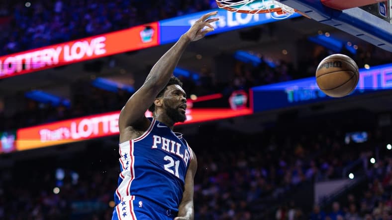 Feb 23, 2023; Philadelphia, Pennsylvania, USA; Philadelphia 76ers center Joel Embiid (21) dunks the ball against the Memphis Grizzlies during the first quarter at Wells Fargo Center. Mandatory Credit: Bill Streicher-USA TODAY Sports