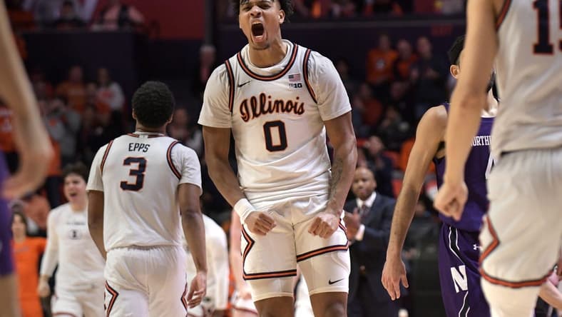 Feb 23, 2023; Champaign, Illinois, USA; Illinois Fighting Illini guard Terrence Shannon Jr. (0) reacts after scoring during the second half against the Northwestern Wildcats at State Farm Center. Mandatory Credit: Ron Johnson-USA TODAY Sports