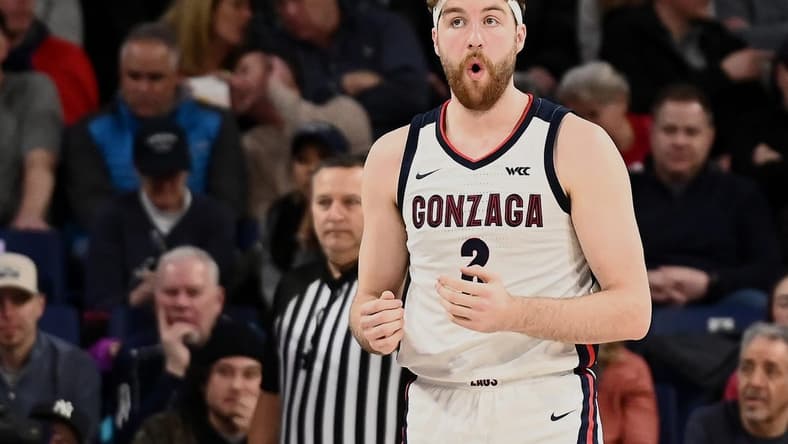 Feb 23, 2023; Spokane, Washington, USA; Gonzaga Bulldogs forward Drew Timme (2) reacts after being called for a foul against the San Diego Toreros in the second half at McCarthey Athletic Center. Mandatory Credit: James Snook-USA TODAY Sports