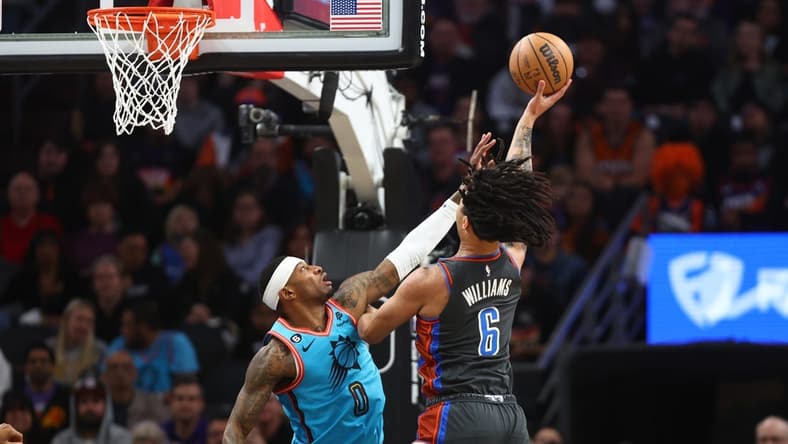 Feb 24, 2023; Phoenix, Arizona, USA; Oklahoma City Thunder forward Jaylin Williams (6) drives to the basket against Phoenix Suns forward Torrey Craig (0) in the first half at Footprint Center. Mandatory Credit: Mark J. Rebilas-USA TODAY Sports