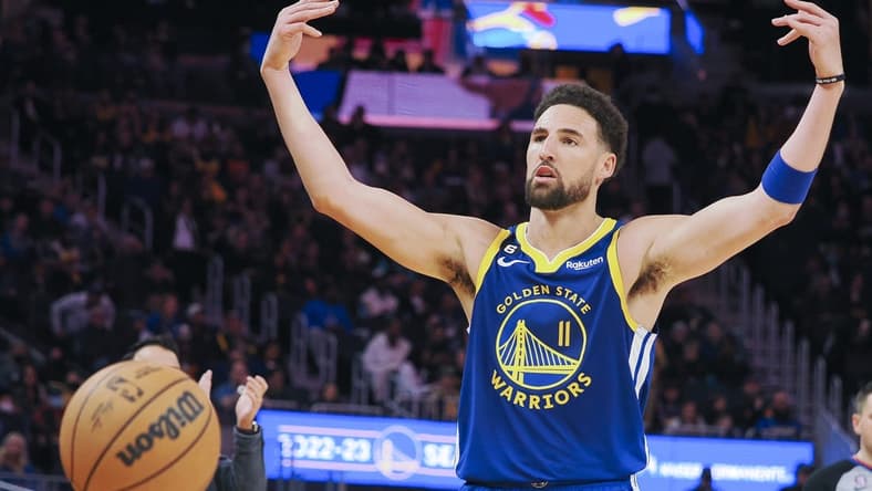 Feb 24, 2023; San Francisco, California, USA; Golden State Warriors guard Klay Thompson (11) gestures towards fans as a time out if called during the fourth quarter against the Houston Rockets at Chase Center. Mandatory Credit: Kelley L Cox-USA TODAY Sports