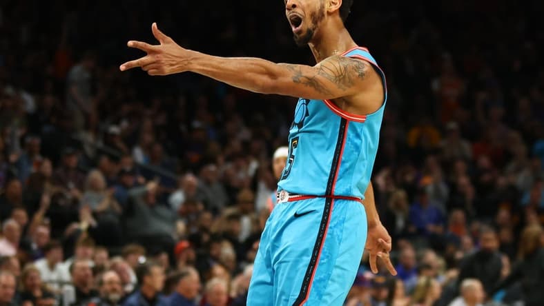 Feb 24, 2023; Phoenix, Arizona, USA; Phoenix Suns guard Cameron Payne celebrates a three point shot against the Oklahoma City Thunder in the second half at Footprint Center. Mandatory Credit: Mark J. Rebilas-USA TODAY Sports