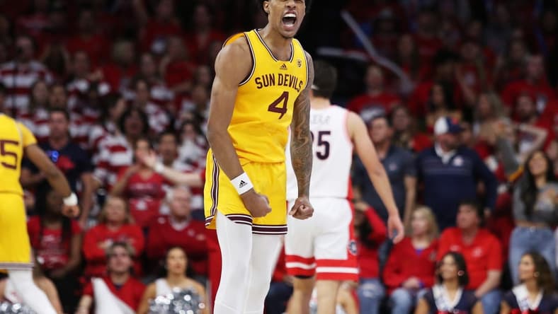 Feb 25, 2023; Tucson, Arizona, USA; Arizona State Sun Devils guard Desmond Cambridge Jr. (4) celebrates a three point basket against Arizona Wildcats in the second half at McKale Center. Mandatory Credit: Zachary BonDurant-USA TODAY Sports
