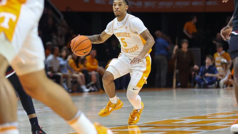 Feb 25, 2023; Knoxville, Tennessee, USA; Tennessee Volunteers guard Zakai Zeigler (5) brings the ball up court against the South Carolina Gamecocks during the first half at Thompson-Boling Arena. Mandatory Credit: Randy Sartin-USA TODAY Sports