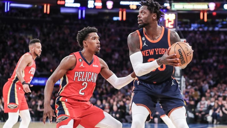 Feb 25, 2023; New York, New York, USA;  New York Knicks forward Julius Randle (30) looks to post up against New Orleans Pelicans guard Josh Richardson (2) in the second quarter at Madison Square Garden. Mandatory Credit: Wendell Cruz-USA TODAY Sports