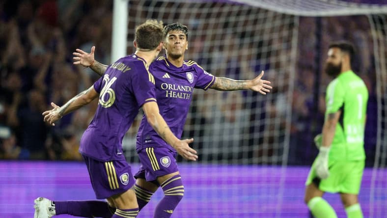 Feb 25, 2023; Orlando, Florida, USA; Orlando City SC midfielder Facundo Torres (17) reacts after scoring a goal against the New York Red Bulls during the second half at Exploria Stadium. Mandatory Credit: Nathan Ray Seebeck-USA TODAY Sports