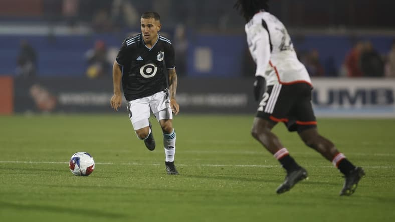 Feb 25, 2023; Frisco, Texas, USA; Minnesota United forward Franco Fragapane (7) controls the ball against FC Dallas in the first half at Toyota Stadium. Mandatory Credit: Tim Heitman-USA TODAY Sports