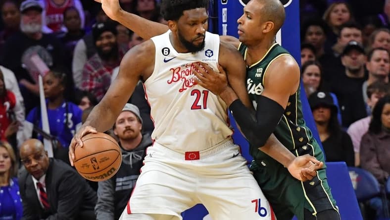 Feb 25, 2023; Philadelphia, Pennsylvania, USA; Philadelphia 76ers center Joel Embiid (21) is defended by Boston Celtics center Al Horford (42) during the second quarter at Wells Fargo Center. Mandatory Credit: Eric Hartline-USA TODAY Sports