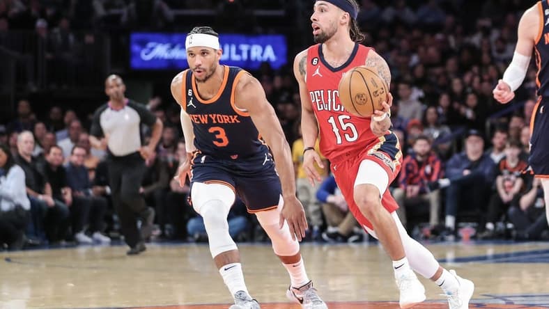 Feb 25, 2023; New York, New York, USA; New Orleans Pelicans guard Jose Alvarado (15) drives past New York Knicks guard Josh Hart (3) at Madison Square Garden. Mandatory Credit: Wendell Cruz-USA TODAY Sports