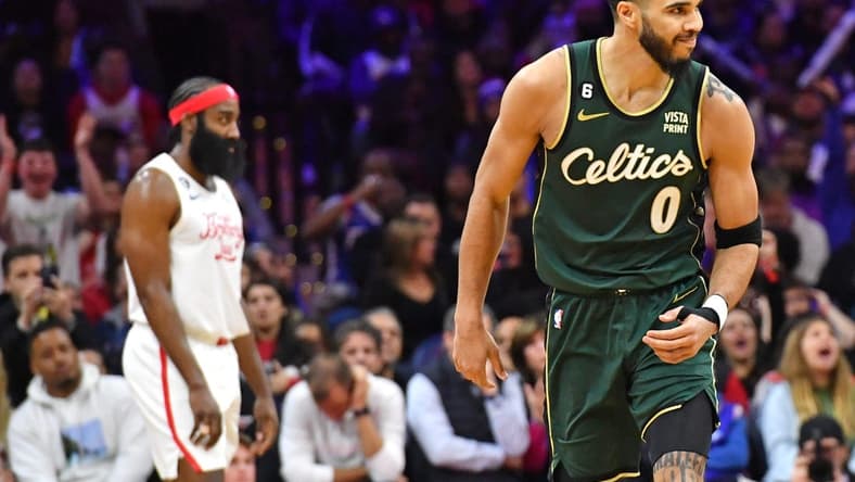 Feb 25, 2023; Philadelphia, Pennsylvania, USA; Boston Celtics forward Jayson Tatum (0) reacts after making a three point basket against the Philadelphia 76ers during the fourth quarter at Wells Fargo Center. Mandatory Credit: Eric Hartline-USA TODAY Sports