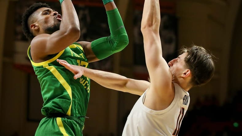 Oregon forward Quincy Guerrier puts up a shot as the Oregon Ducks take on the Oregon State Beavers at Gill Coliseum Saturday, Feb. 25, 2023, in Corvallis, Ore.
Ncaa Basketball Oregon At Oregon State Mbb Oregon At Oregon State