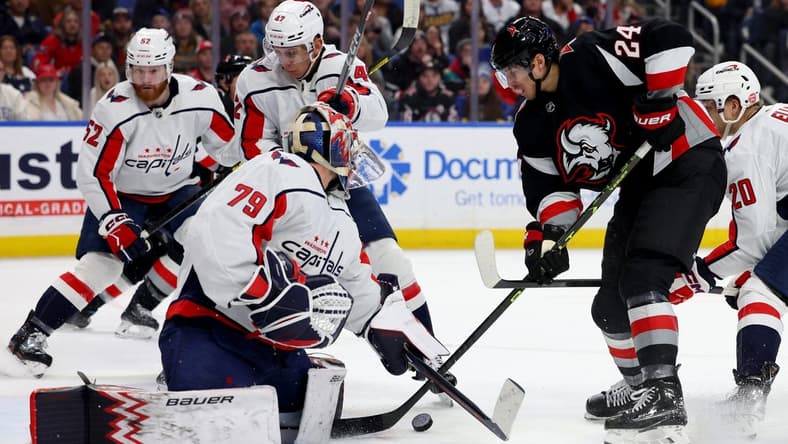 Feb 26, 2023; Buffalo, New York, USA; Washington Capitals goaltender Charlie Lindgren (79) makes a save as Buffalo Sabres center Dylan Cozens (24) looks for a rebound during the second period at KeyBank Center. Mandatory Credit: Timothy T. Ludwig-USA TODAY Sports
