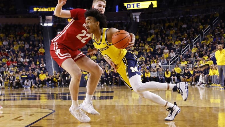 Feb 26, 2023; Ann Arbor, Michigan, USA; Michigan Wolverines guard Kobe Bufkin (2) dribbles on Wisconsin Badgers forward Steven Crowl (22) in the first half at Crisler Center. Mandatory Credit: Rick Osentoski-USA TODAY Sports