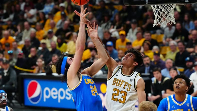 Feb 26, 2023; Boulder, Colorado, USA; UCLA Bruins guard Jaime Jaquez Jr. (24) shoots the ball over Colorado Buffaloes forward Tristan da Silva (23) in the first half at the CU Events Center. Mandatory Credit: Ron Chenoy-USA TODAY Sports