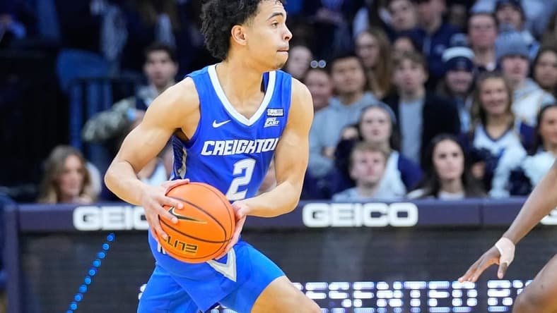 Feb 25, 2023; Philadelphia, Pennsylvania, USA; Creighton Bluejays guard Ryan Nembhard (2) against the Villanova Wildcats during the second half at Wells Fargo Center. Mandatory Credit: Gregory Fisher-USA TODAY Sports