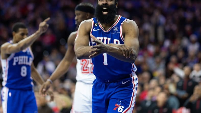 Feb 27, 2023; Philadelphia, Pennsylvania, USA; Philadelphia 76ers guard James Harden (1) pleads for a foul call against the Miami Heat during the fourth quarter at Wells Fargo Center. Mandatory Credit: Bill Streicher-USA TODAY Sports