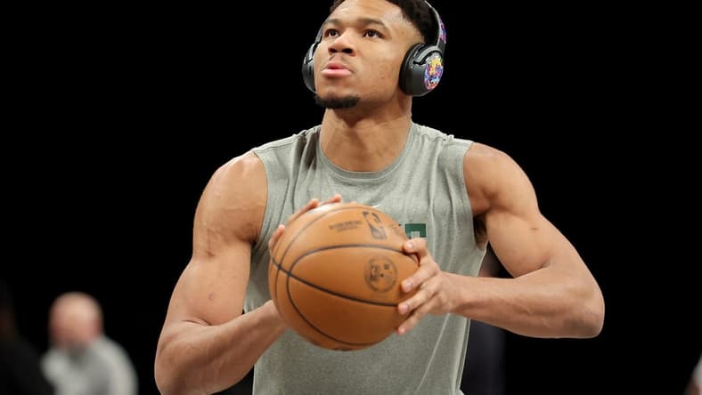 Feb 28, 2023; Brooklyn, New York, USA; Milwaukee Bucks forward Giannis Antetokounmpo (34) warms up before a game against the Brooklyn Nets at Barclays Center. Mandatory Credit: Brad Penner-USA TODAY Sports