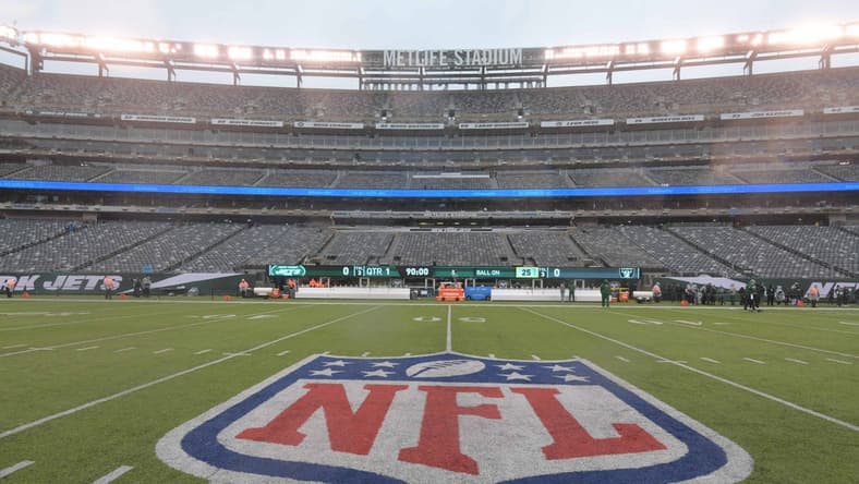 Nov 24, 2019; East Rutherford, NJ, USA; General overall view of the NFL shield logo at midfield at MetLife Stadium. The Jets defeated the Raiders 34-3. Mandatory Credit: Kirby Lee-USA TODAY Sports