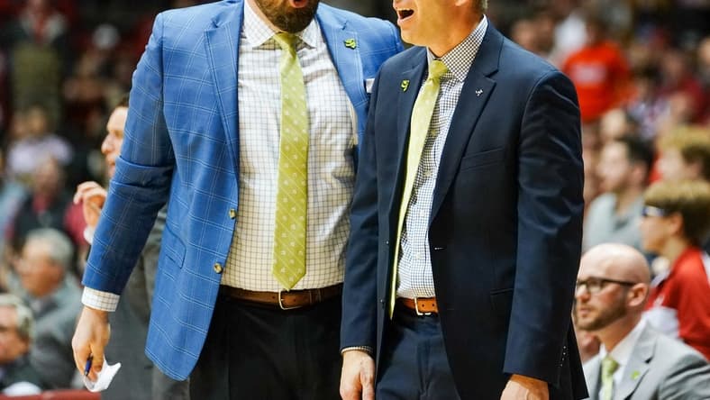 Jan 18, 2020; Tuscaloosa, Alabama, USA; Alabama Crimson Tide assistant coach Bryan Hodgson talk to head coach Nate Oats about a call in the game against Missouri Tigers at Coleman Coliseum. Mandatory Credit: Marvin Gentry-USA TODAY Sports
