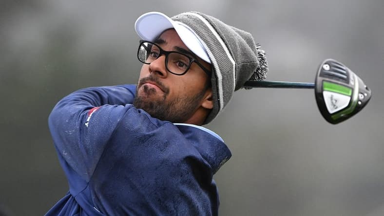 Feb 13, 2021; Pebble Beach, California, USA; Akshay Bhatia plays his shot from the first tee during the third round of the AT&T Pebble Beach Pro-Am golf tournament at Pebble Beach Golf Links. Mandatory Credit: Orlando Ramirez-USA TODAY Sports