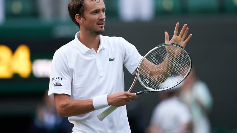 Jul 3, 2021; London, United Kingdom;
Daniil Medvedev (RUS) seen celebrating after beating Marin Cilic (CRO) on No 1 court in the men s third round at All England Lawn Tennis and Croquet Club. Mandatory Credit: Peter van den Berg-USA TODAY Sports