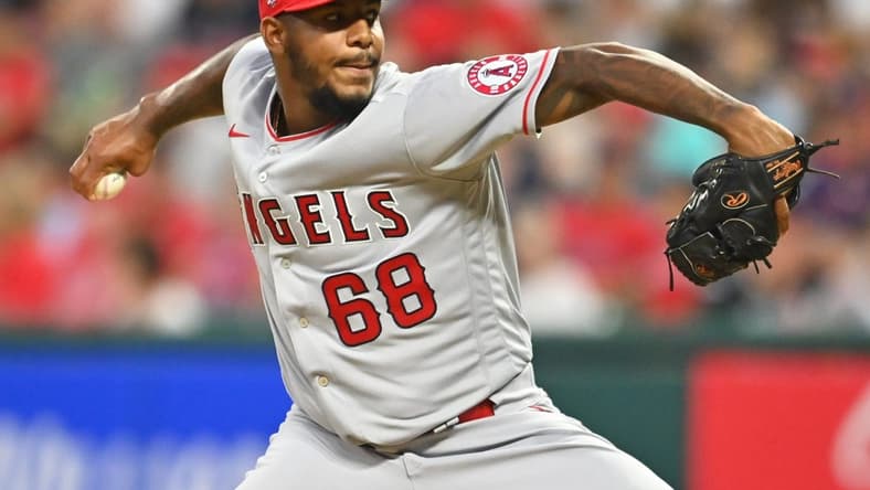 Aug 20, 2021; Cleveland, Ohio, USA; Los Angeles Angels pitcher Jose Marte (68) throws a pitch during the fourth inning against the Cleveland Indians at Progressive Field. Mandatory Credit: Ken Blaze-USA TODAY Sports