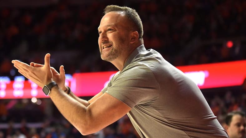Nov 12, 2021; Champaign, Illinois, USA; Arkansas State head coach Mike Balado applauds his team in the first half against the Illinois Fighting Illini at State Farm Center. Mandatory Credit: Ron Johnson-USA TODAY Sports