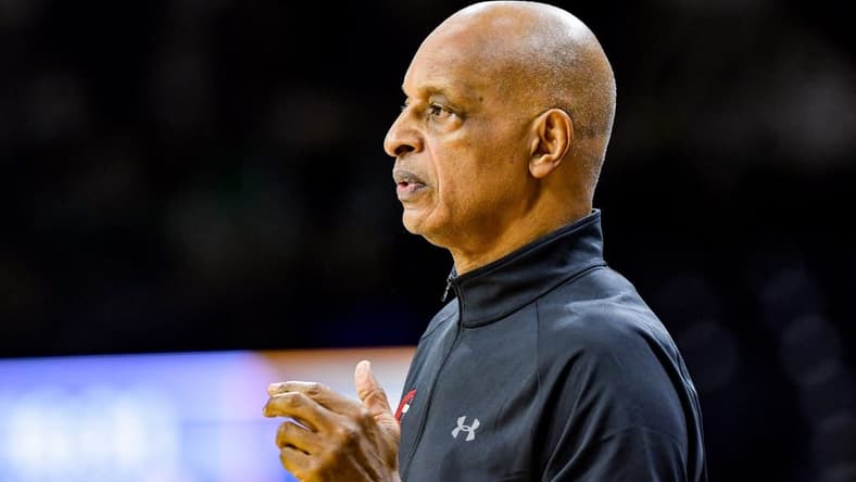 Nov 13, 2021; South Bend, Indiana, USA; Cal State Northridge Matadors interim head coach Trent Johnson watches from the bench in the first half against the Notre Dame Fighting Irish at the Purcell Pavilion. Mandatory Credit: Matt Cashore-USA TODAY Sports