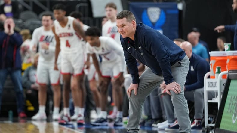 Mar 10, 2022; Las Vegas, NV, USA; Arizona Wildcats coach Tommy Lloyd is pictured in a game against the Stanford Cardinal during the second half at T-Mobile Arena. Mandatory Credit: Stephen R. Sylvanie-USA TODAY Sports