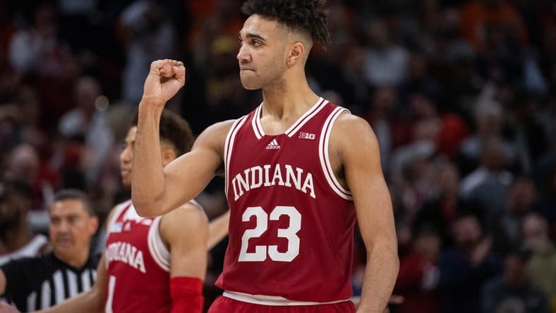Mar 11, 2022; Indianapolis, IN, USA; Indiana Hoosiers forward Trayce Jackson-Davis (23) reacts to a turnover in the second half against the Illinois Fighting Illini at Gainbridge Fieldhouse. Mandatory Credit: Trevor Ruszkowski-USA TODAY Sports