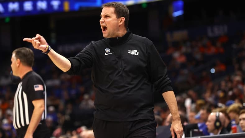 Mar 11, 2022; Tampa, FL, USA; LSU Tigers head coach Will Wade against the Arkansas Razorbacks during the first half at Amalie Arena. Mandatory Credit: Kim Klement-USA TODAY Sports