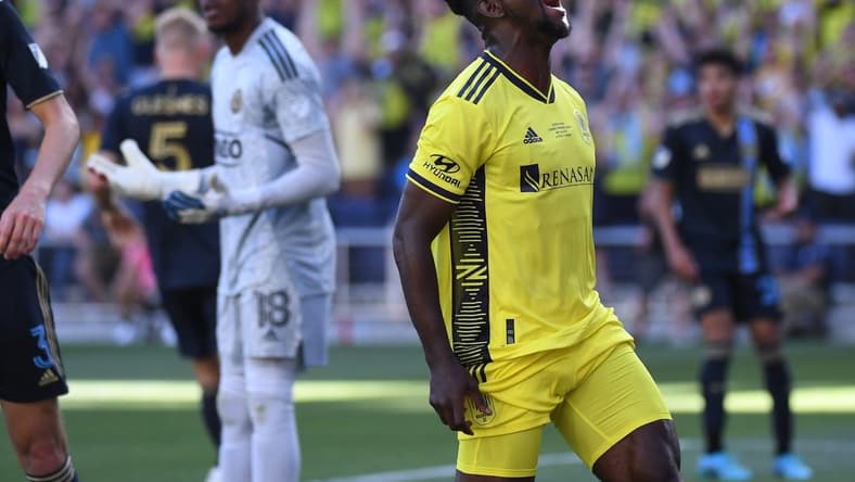 May 1, 2022; Nashville, Tennessee, USA; Nashville SC forward Ake Loba (9) after missing on a shot during the second half against the Philadelphia Union at Geodis Park. Mandatory Credit: Christopher Hanewinckel-USA TODAY Sports