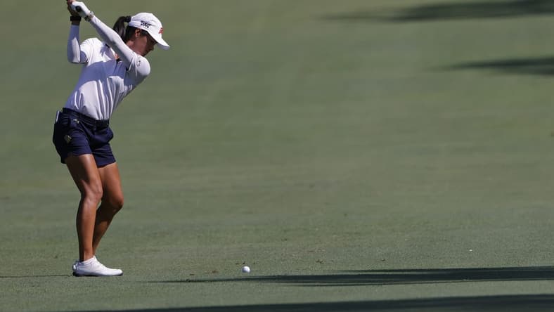 Jun 2, 2022; Southern Pines, North Carolina, USA; Celine Boutier hits an approach shot on the seventeenth hole during the first round of the U.S. Women's Open. Mandatory Credit: Geoff Burke-USA TODAY Sports
