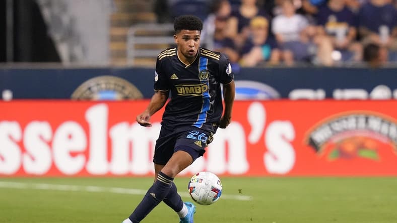 Jul 8, 2022; Chester, Pennsylvania, USA; Philadelphia Union defender Nathan Harriel (26) controls the ball against D.C. United at Subaru Park. Mandatory Credit: Mitchell Leff-USA TODAY Sports