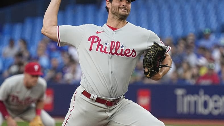 Jul 12, 2022; Toronto, Ontario, CAN; Philadelphia Phillies pitcher Mark Appel (22) throws a pitch against the Toronto Blue Jays during the second inning at Rogers Centre. Mandatory Credit: John E. Sokolowski-USA TODAY Sports