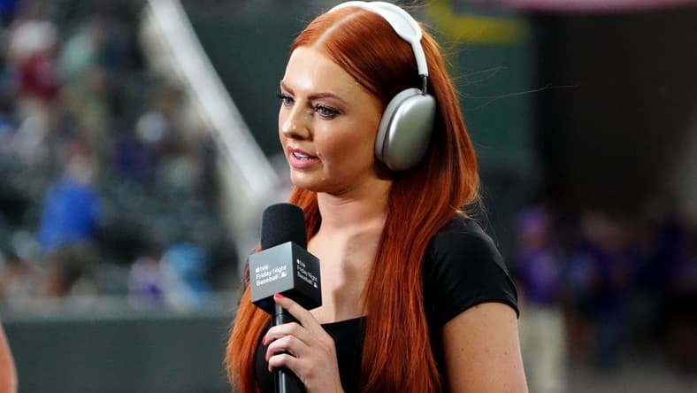 Jul 15, 2022; Denver, Colorado, USA; Apple TV Friday night baseball sportscaster Lauren Gardner before the game between the against the Pittsburgh Pirates against the Colorado Rockies at Coors Field. Mandatory Credit: Ron Chenoy-USA TODAY Sports