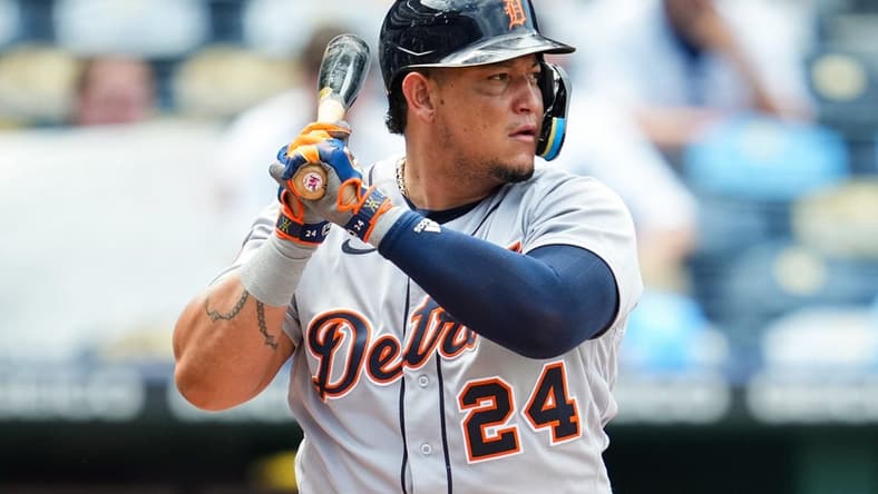 Jul 11, 2022; Kansas City, Missouri, USA; Detroit Tigers designated hitter Miguel Cabrera (24) bats against the Kansas City Royals during the ninth inning at Kauffman Stadium. Mandatory Credit: Jay Biggerstaff-USA TODAY Sports