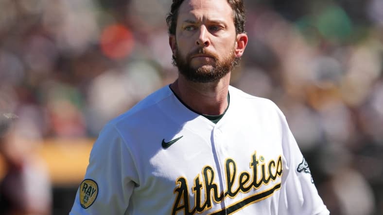 Aug 7, 2022; Oakland, California, USA; Oakland Athletics designated hitter Jed Lowrie (8) during the eighth inning against the San Francisco Giants at RingCentral Coliseum. Mandatory Credit: Darren Yamashita-USA TODAY Sports