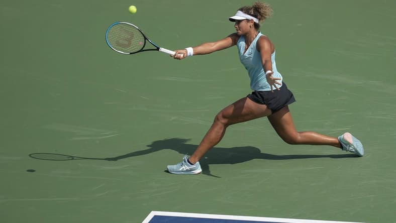 Aug 15, 2022; Cincinnati, OH, USA; Mayar Sherif (EGY) returns a shot during her match against Elena Rybakina (KAZ) at the Western & Southern at the Lindner Family Tennis Center. Mandatory Credit: Susan Mullane-USA TODAY Sports